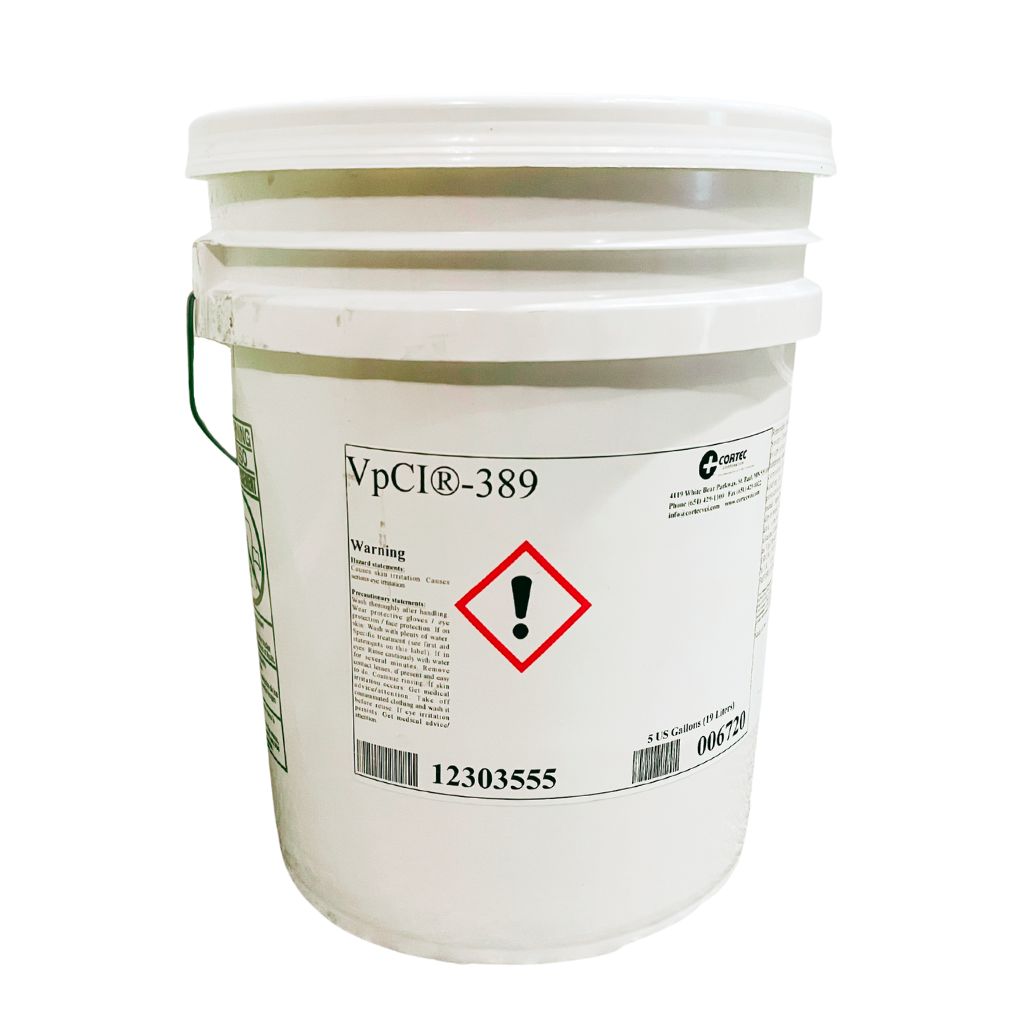 A 5 gallon pail of Cortec VpCI-389 rust preventive temporary coating.