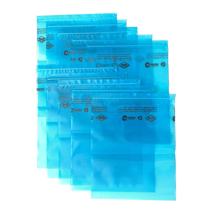 10 count of Cortec VpCI-126 Blue Zip Top VCI Bags each measuring 10 inches by 12 inches. 