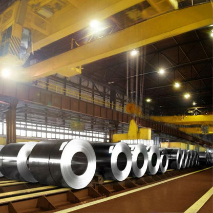 Steel coils in production facility.